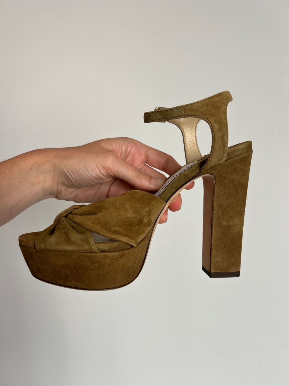 Jimmy Choo heloise 120 muted green suede knot open toe block heels sandals 37 - Picture 12 of 12